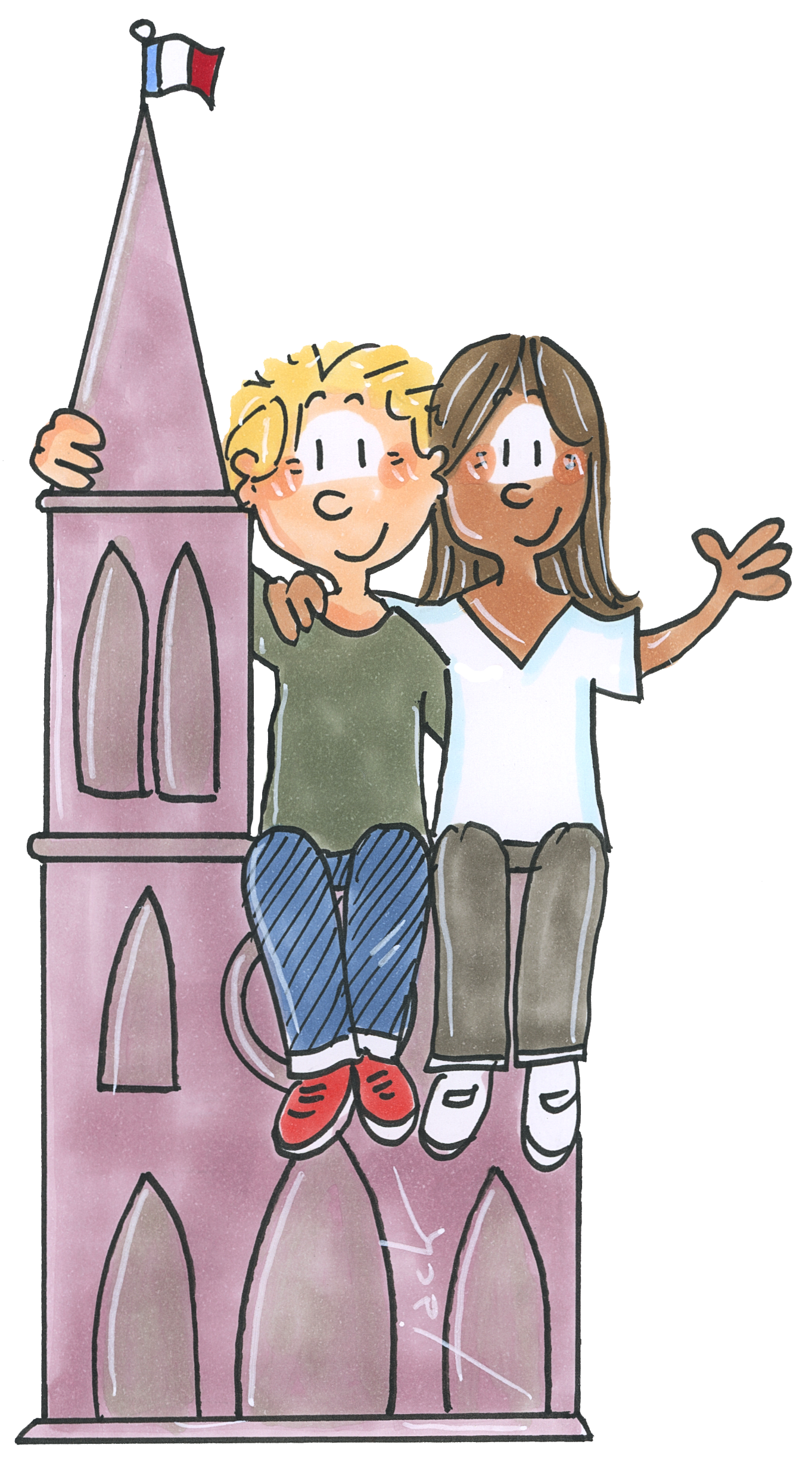 Illustration : deux enfants assis sur le clocher de la cathédrale de Strasbourg